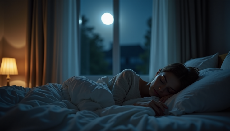 Eye-level view of a person lying peacefully in bed surrounded by soft moonlight