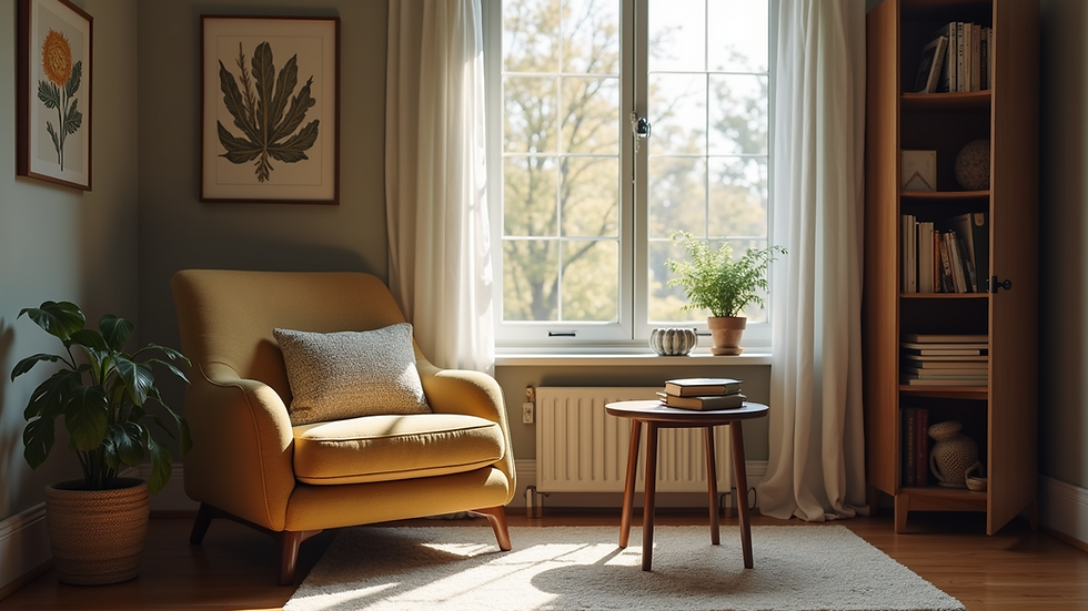 Eye-level view of a cozy reading nook with a comfortable chair and a small bookshelf