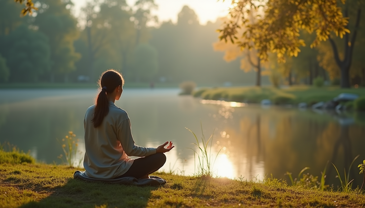 High angle view of a person meditating outdoors with calm surroundings