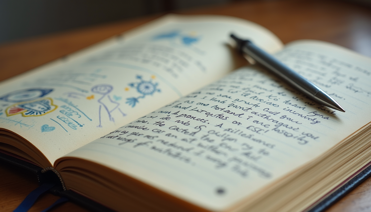 Close-up of a handwritten dream journal page with colorful notes and sketches