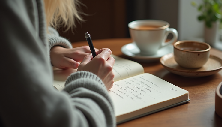 Eye-level view of a person writing goals in a journal with a cup of tea nearby