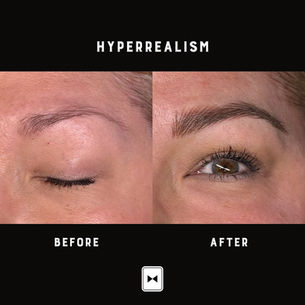 A close-up view of a person's eyebrows showing sparse hair growth, uneven shape, and some gaps where the skin is visible. The natural brow arches are present but lack definition and fullness. A close-up view of the same person's eyebrows after undergoing hyperrealism brows permanent makeup. The brows now appear fuller, with individual hair strokes meticulously drawn to mimic natural brow hairs. The shape is well-defined, with a perfect arch that enhances the facial features, creating a more balanced look.