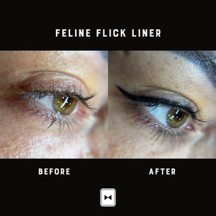 A close-up view of a person's eyes without any eyeliner. The eyelids are bare, with no defined line along the lash line, and the outer corners of the eyes appear soft and natural, lacking any lift or extension. A close-up view of the same person's eyes after undergoing Tuxedo Club's permanent eyeliner service. A precise, smooth line is visible along the upper lash line, extending into a subtle wing or flick at the outer corner. The wing adds a touch of elegance and lift to the eyes, enhancing their shape and giving them a more defined and expressive look. The overall result is a polished, long-lasting eyeliner with a stylish winged finish.