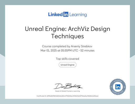 Just finished the course “Unreal Engine: ArchViz Design Techniques” by Simon Manning! Check it out: https://lnkd.in/d5SE26Aj hashtag#unrealengine.