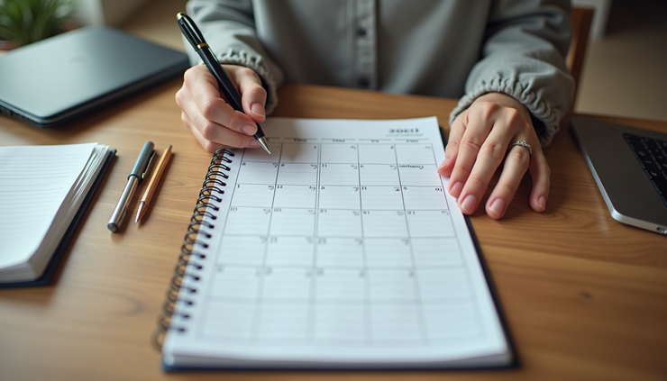 Eye-level view of a person organizing a monthly budget planner on a wooden desk