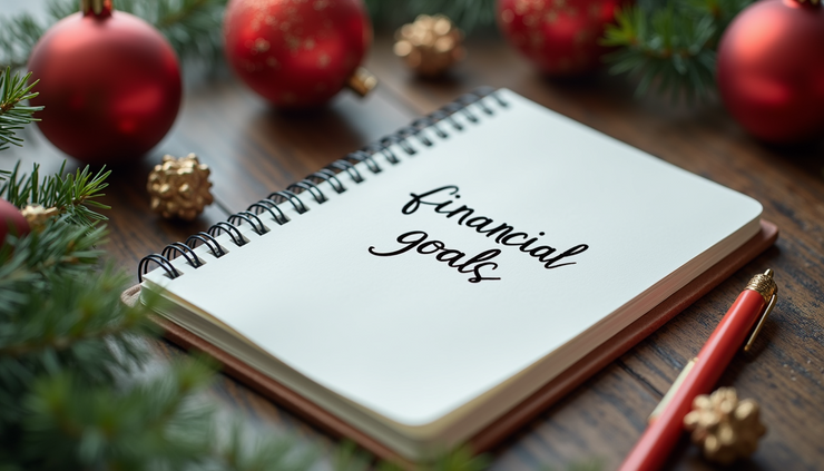High angle view of a notebook with financial goals and a pen on a holiday-themed table