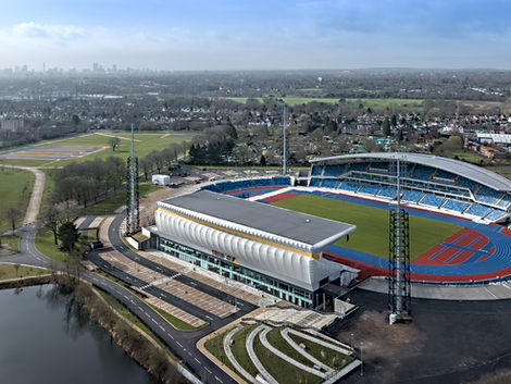Architectural exterior aerial photography Alexander Stadium in Birmingham.