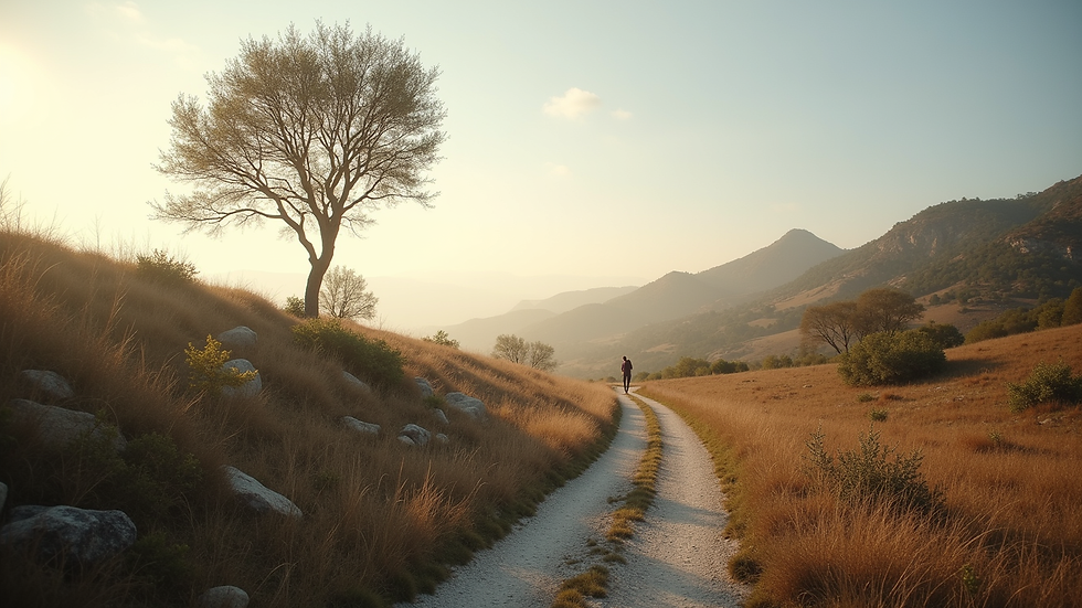 Eye-level view of a serene landscape with a winding path