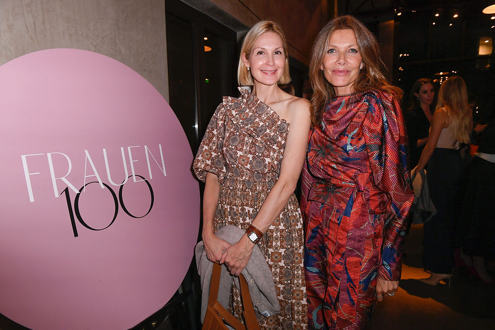 Gäste vor der FRAUEN100 Fotowand beim Empowerment-Event, Speakerin beim Vortrag auf dem FRAUEN100 Community-Abend, Teilnehmerinnen beim Dinner und Networking auf dem FRAUEN100 Event
