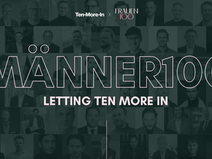 Grafik mit vielen Männerporträts im Hintergrund und großem Schriftzug „MÄNNER100 – Letting Ten More In“, darüber die Logos von Ten More In und FRAUEN100.