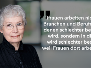 Porträt einer älteren Frau mit kurzen grauen Haaren und Brille neben einem Zitat über ungleiche Bezahlung von Frauen in bestimmten Berufen.
