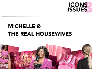 Grafik mit der Überschrift „Icons & Issues: Michelle & The Real Housewives“, darunter mehrere pinkfarbene Bilder, darunter Michelle Obama mit Mikrofon sowie Szenen im Reality-TV-Stil.