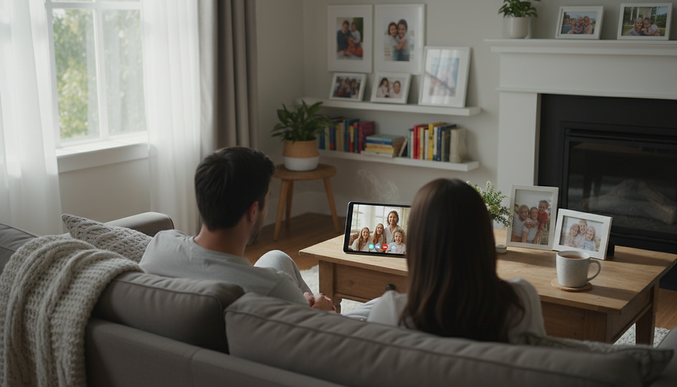 Eye-level view of a family video call on a tablet in a cozy living room
