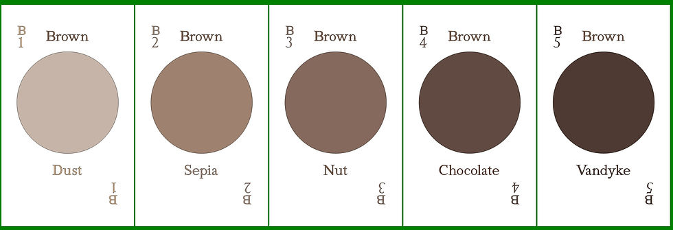 1. Dust. 2. Sepia. 3. Nut. 4. Chocolate. 5. Vandyke.