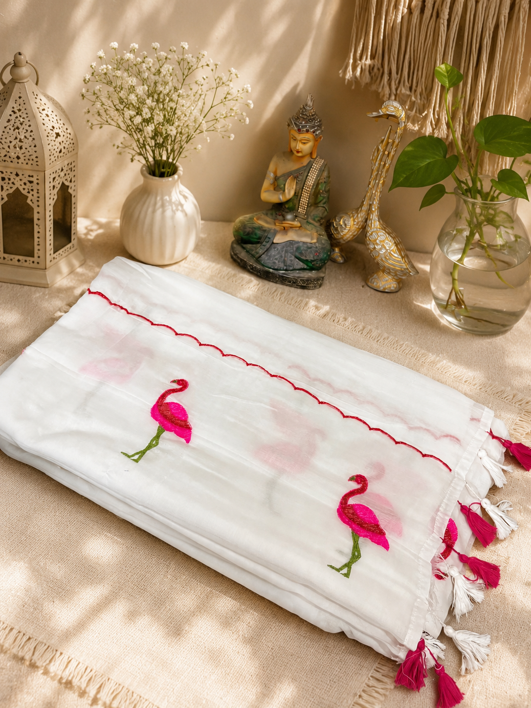 Flamingo Embroidered Soft Cotton Saree