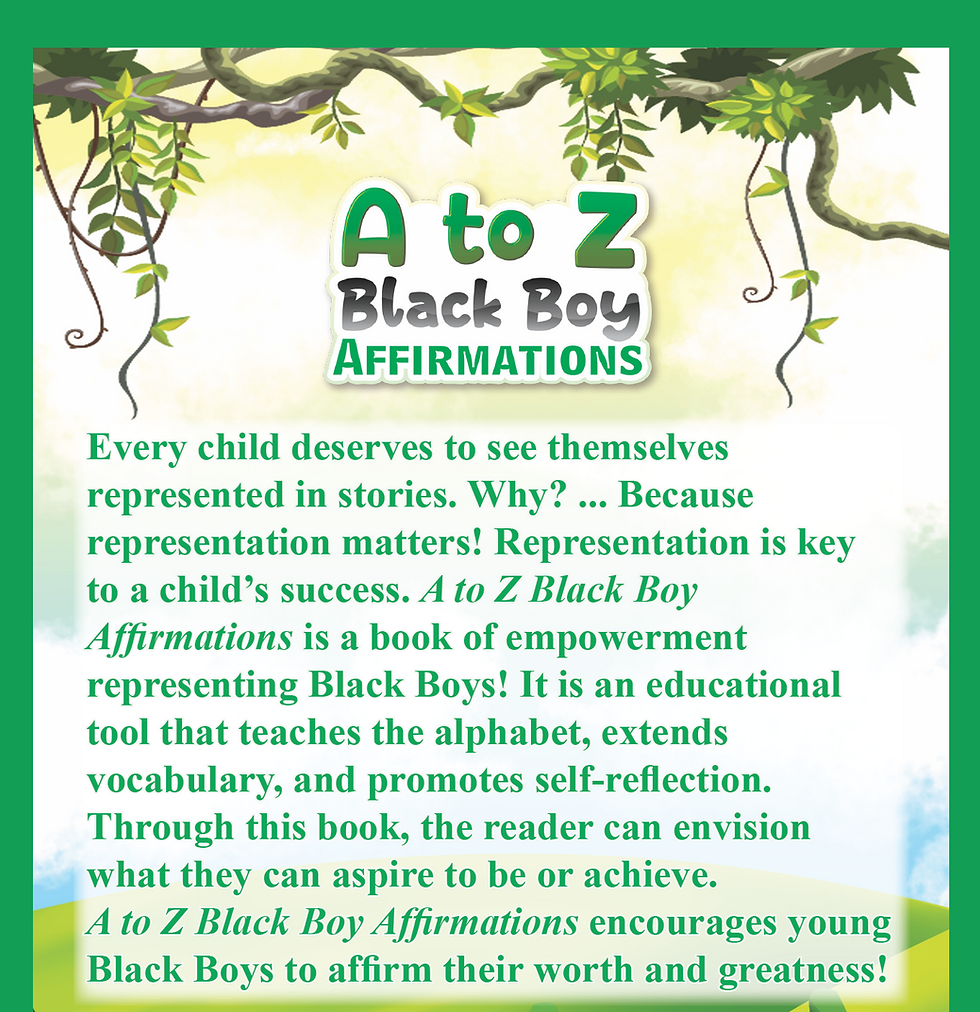 Thumbnail: Back cover of A to Z Black Boy Affirmations emphasizing SEL, confidence, representation, and self-reflection.