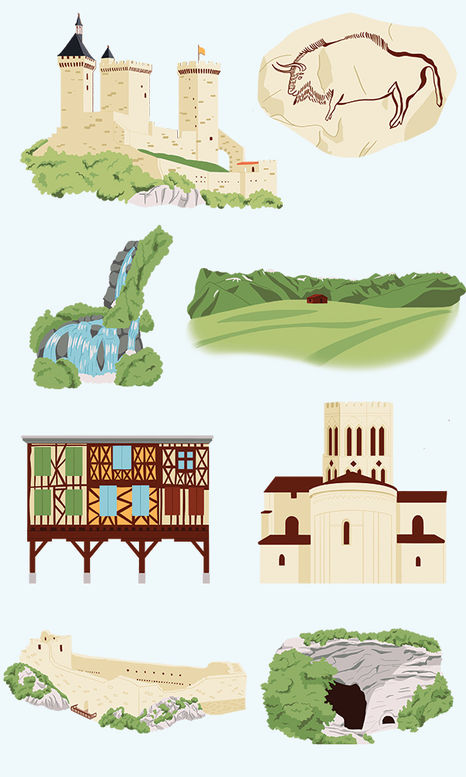 illustration tourisme ariege, voyage, travel, pictogramme design