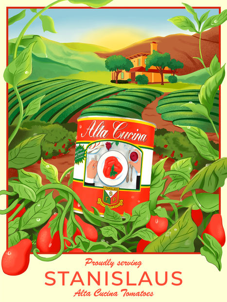 Vintage Italian-style illustrated poster for Alta Cucina (Stanislaus Food Products), created to honor founder Dino Cortopassi and tell the origin story of an iconic tomato brand