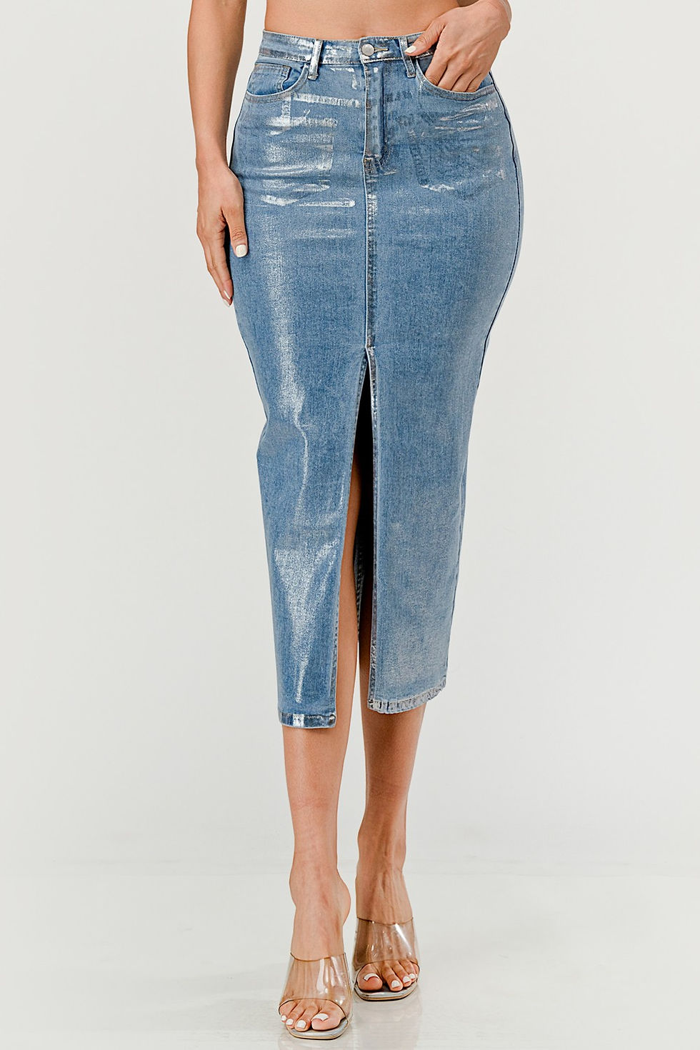 Thumbnail: COATED HIGH WAIST FRONT SLIT SKIRT