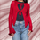Thumbnail: Knit bow cardigan in sh54 red.
