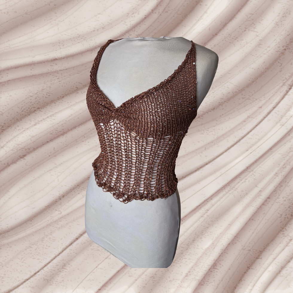 Thumbnail: Sequin knit distressed ruched top in caramel.