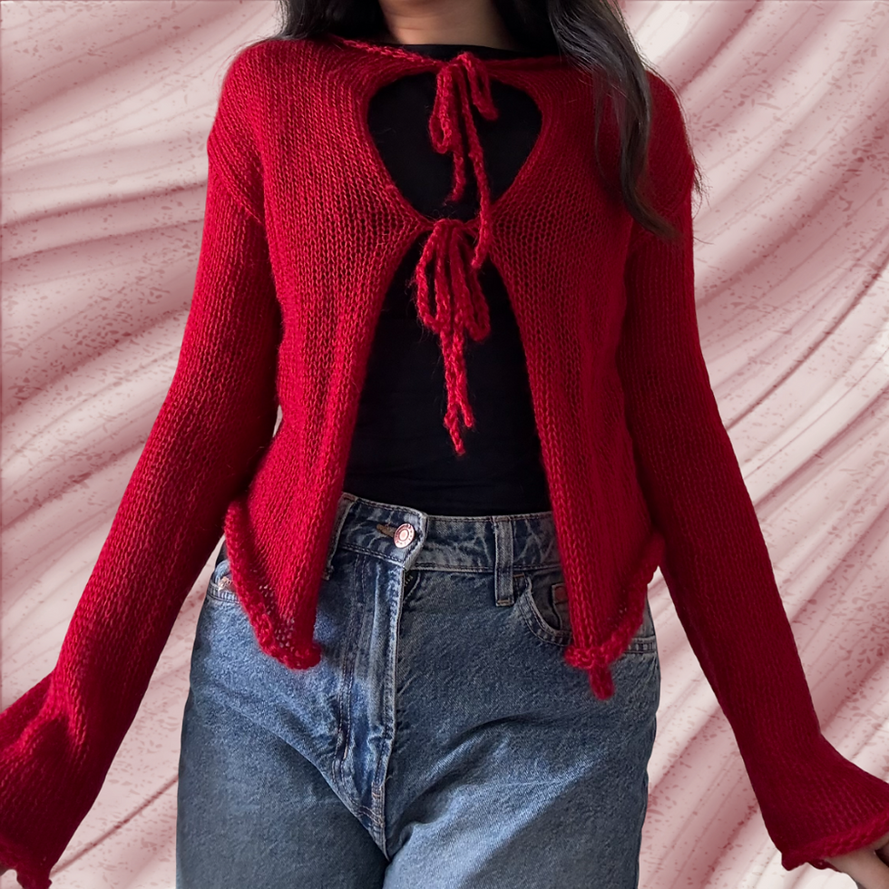 Thumbnail: Knit bow cardigan in sh54 red.