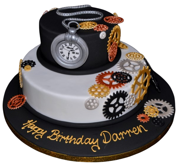 Exquisite cake with cog and watch decorations, perfect for a steampunk-themed event or a special occasion. Made with attention to detail in the UK.