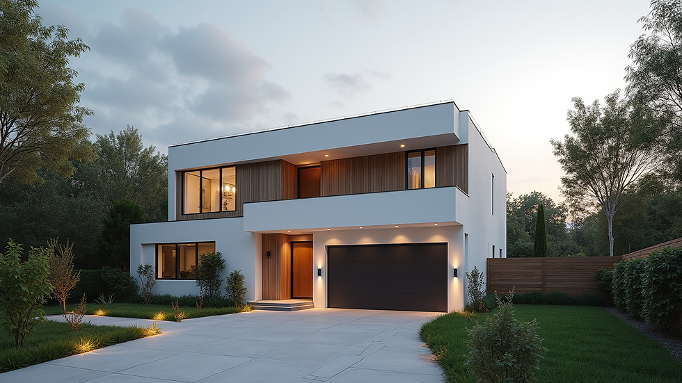 Eye-level view of a beautifully designed custom home with a modern facade