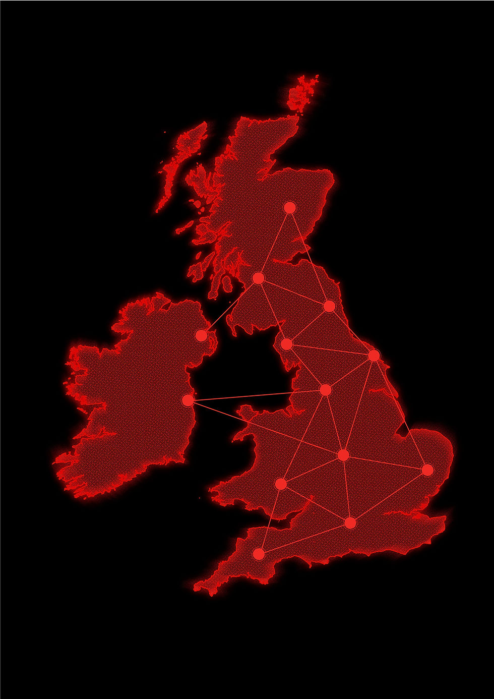 A neon map showing the connections of Pall-Ex's UK network