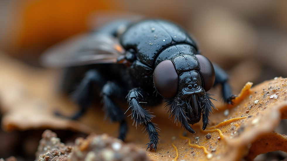 Close-up view of black soldier fly larvae on organic waste