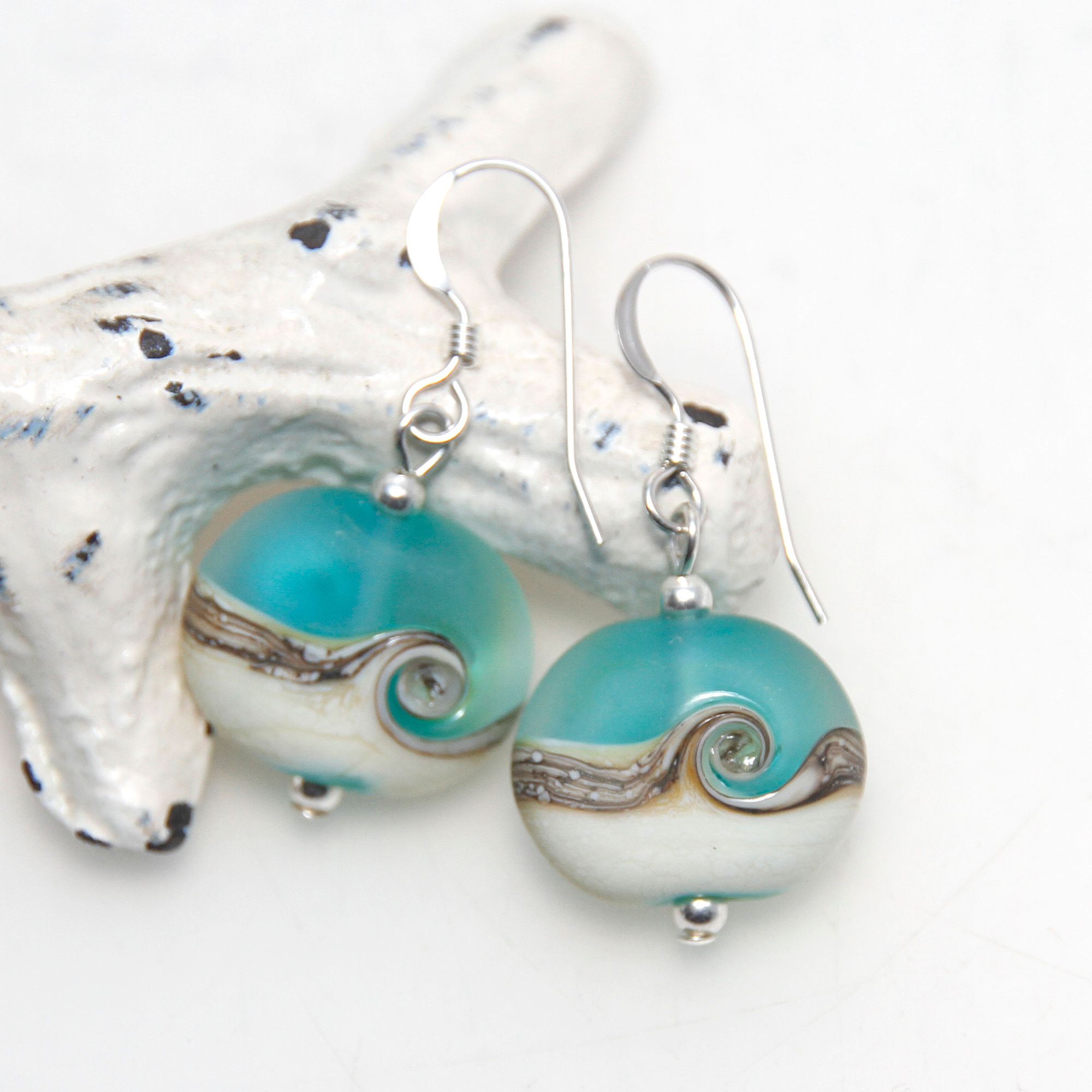 Etched Beach Wave Lampwork Glass Earrings