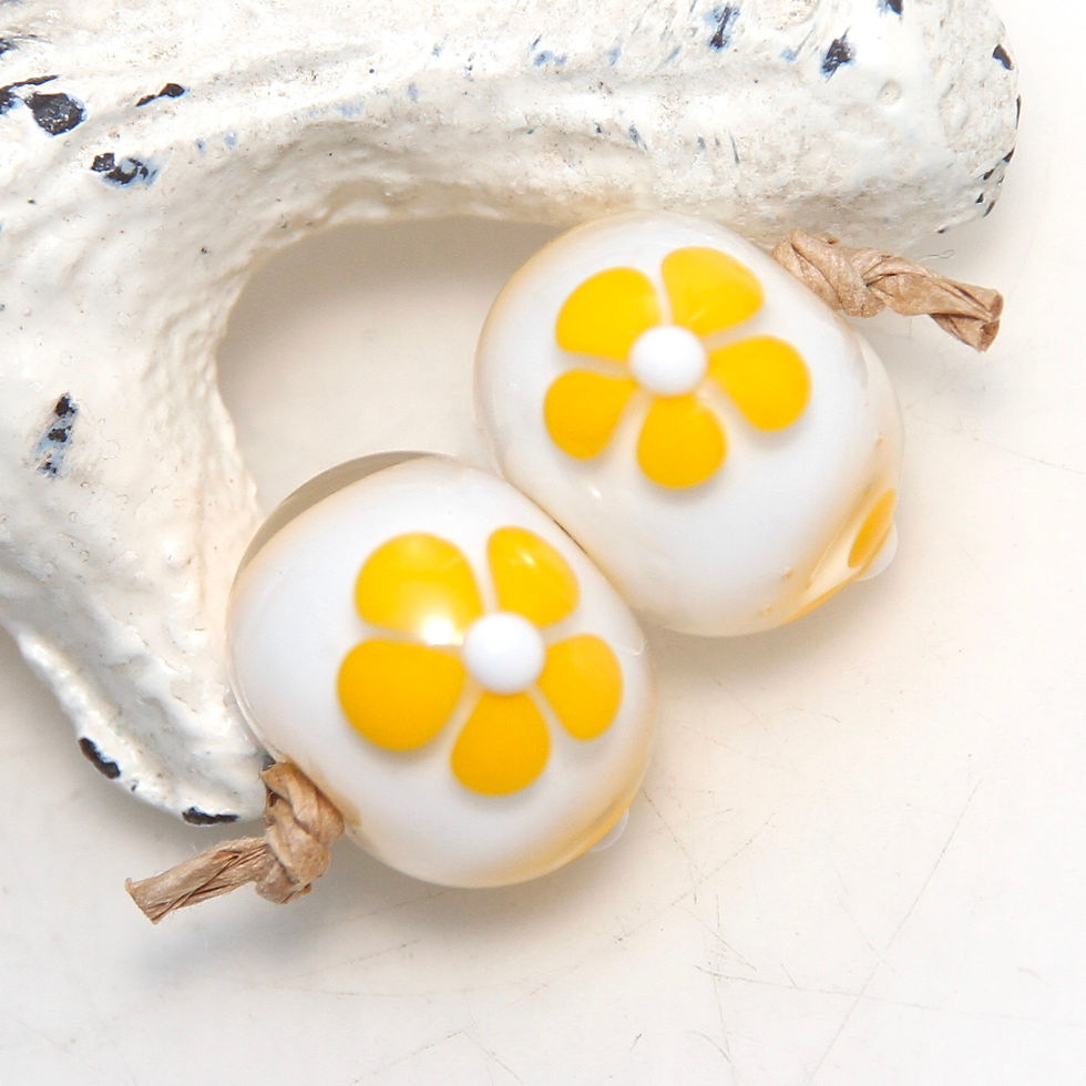 White with Yellow Flowers Lampwork Glass Bead Pair