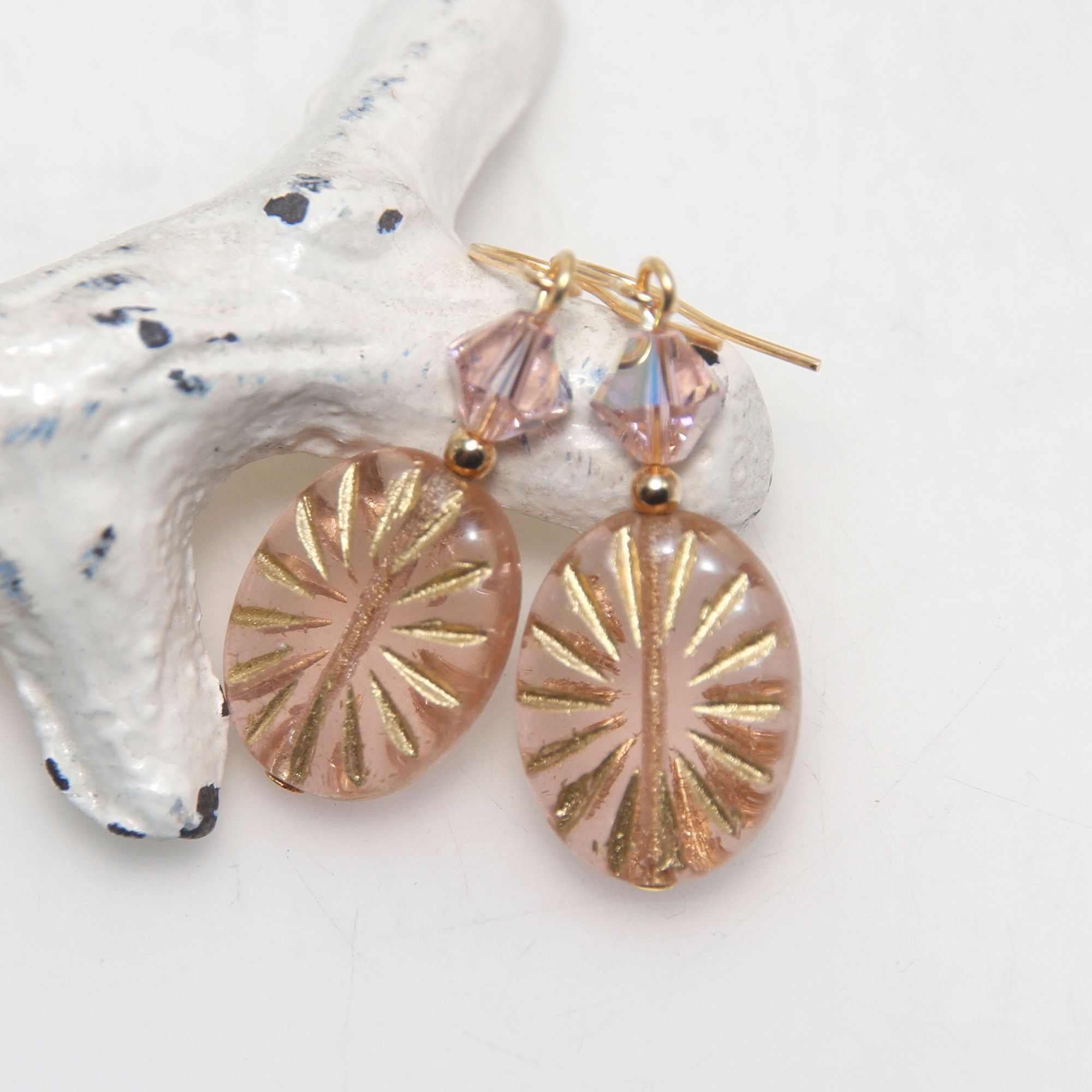 Soft Pink Starburst Czech and Swarovski Gold Earrings