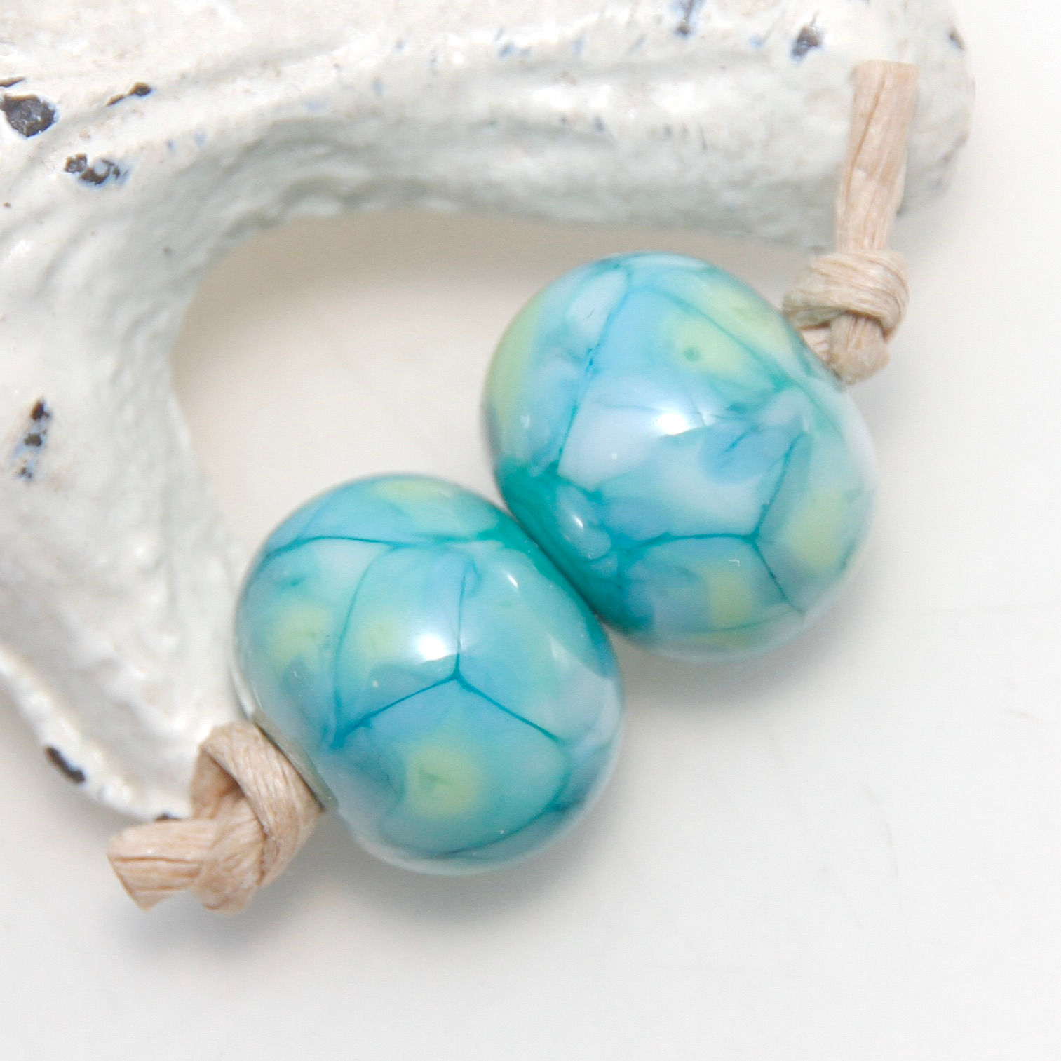 Mosaic Turquoise and Green Lampwork Glass Bead Pair