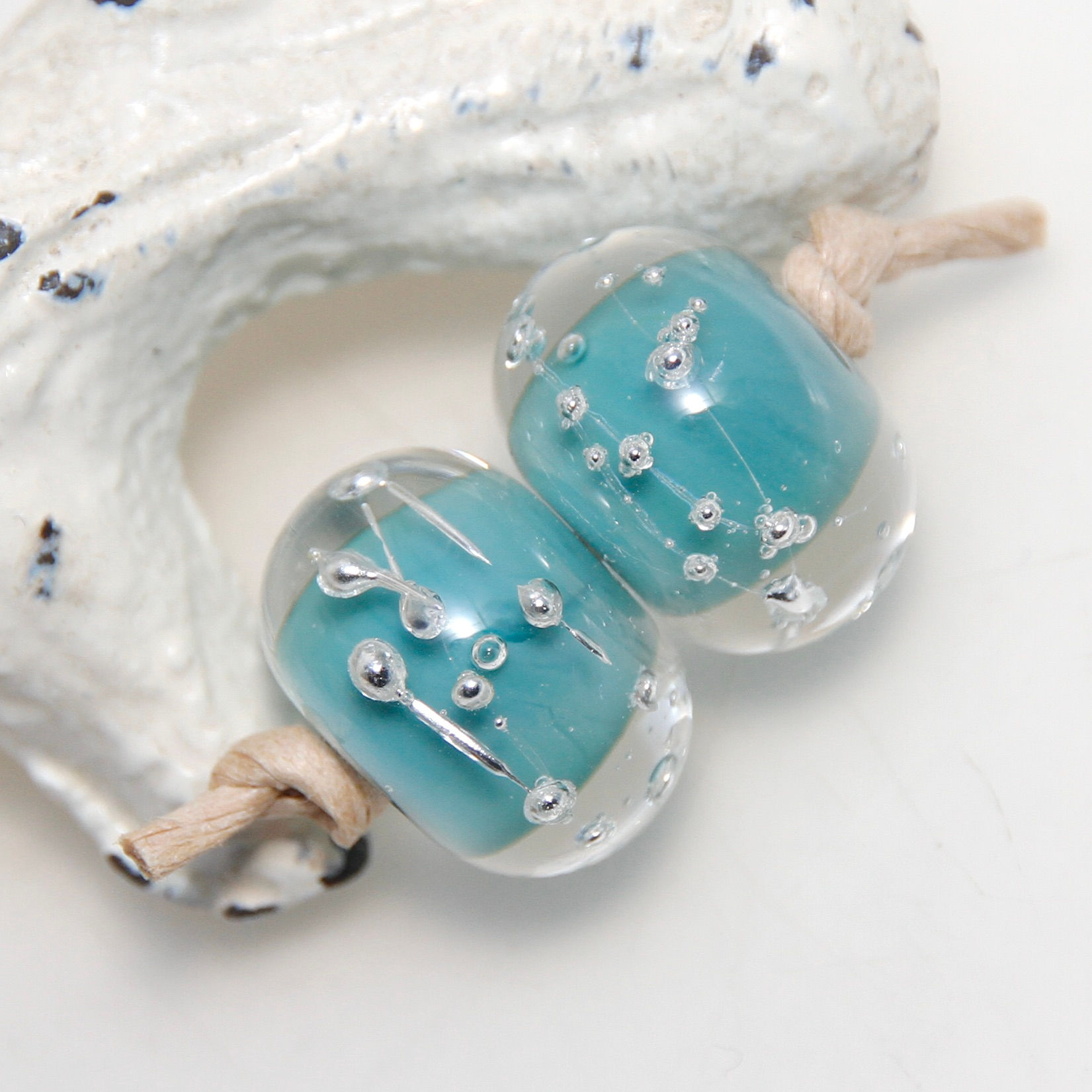 Soft Teal with Silver Wire Bubbles Lampwork Glass Bead Pair
