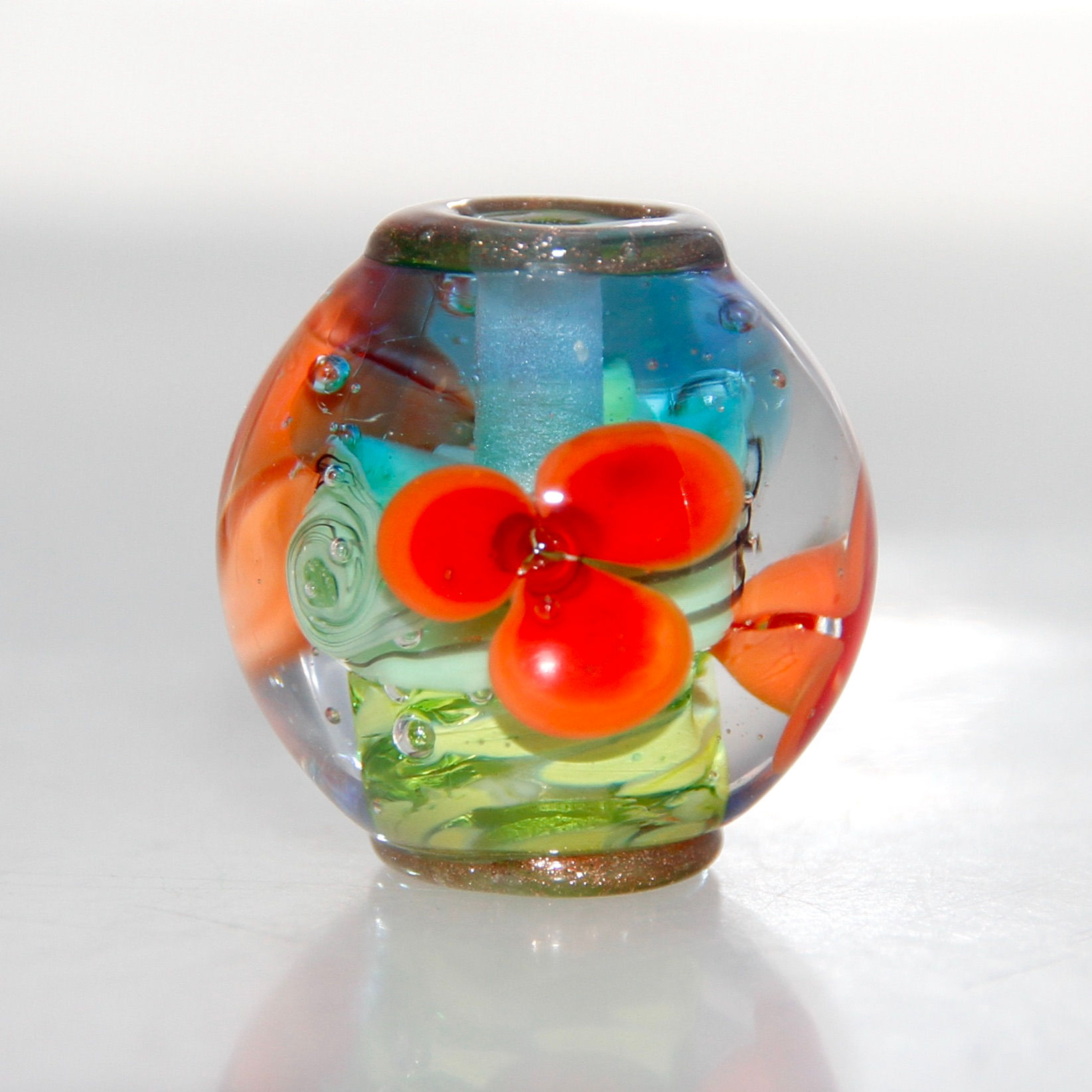 Red Floral Over Transparent Landscape Lampwork Glass Focal Bead