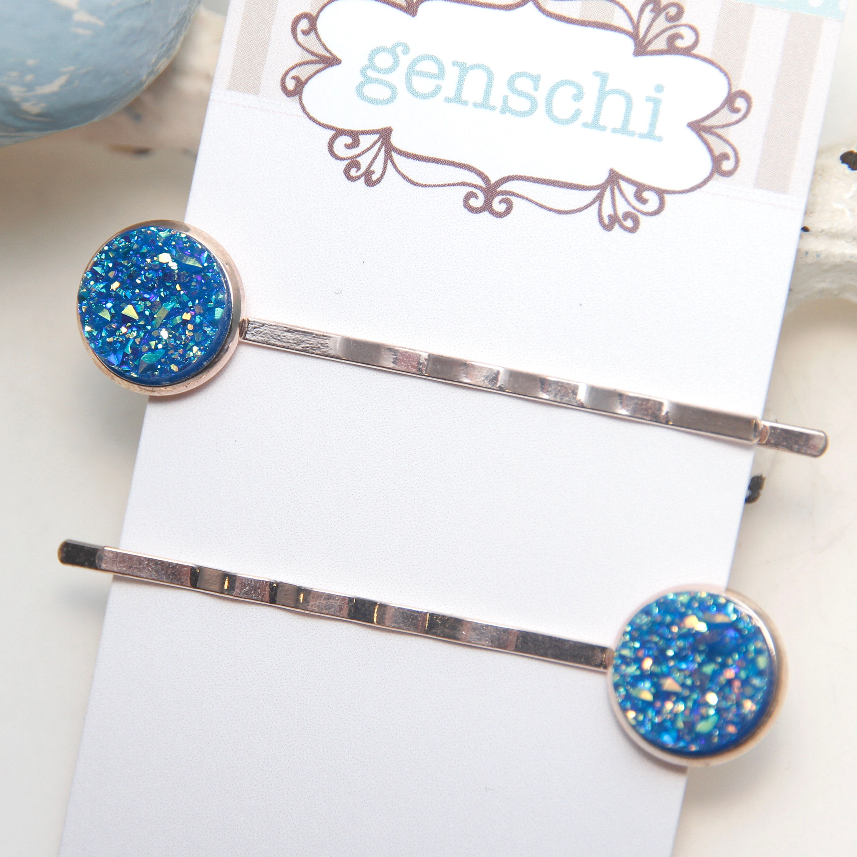Blue AB Druzy on Rose Gold Bobby Pin Set