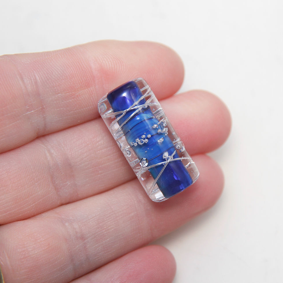Thumbnail: Deep Blue Silver Wired Barrel Lampwork Glass Bead