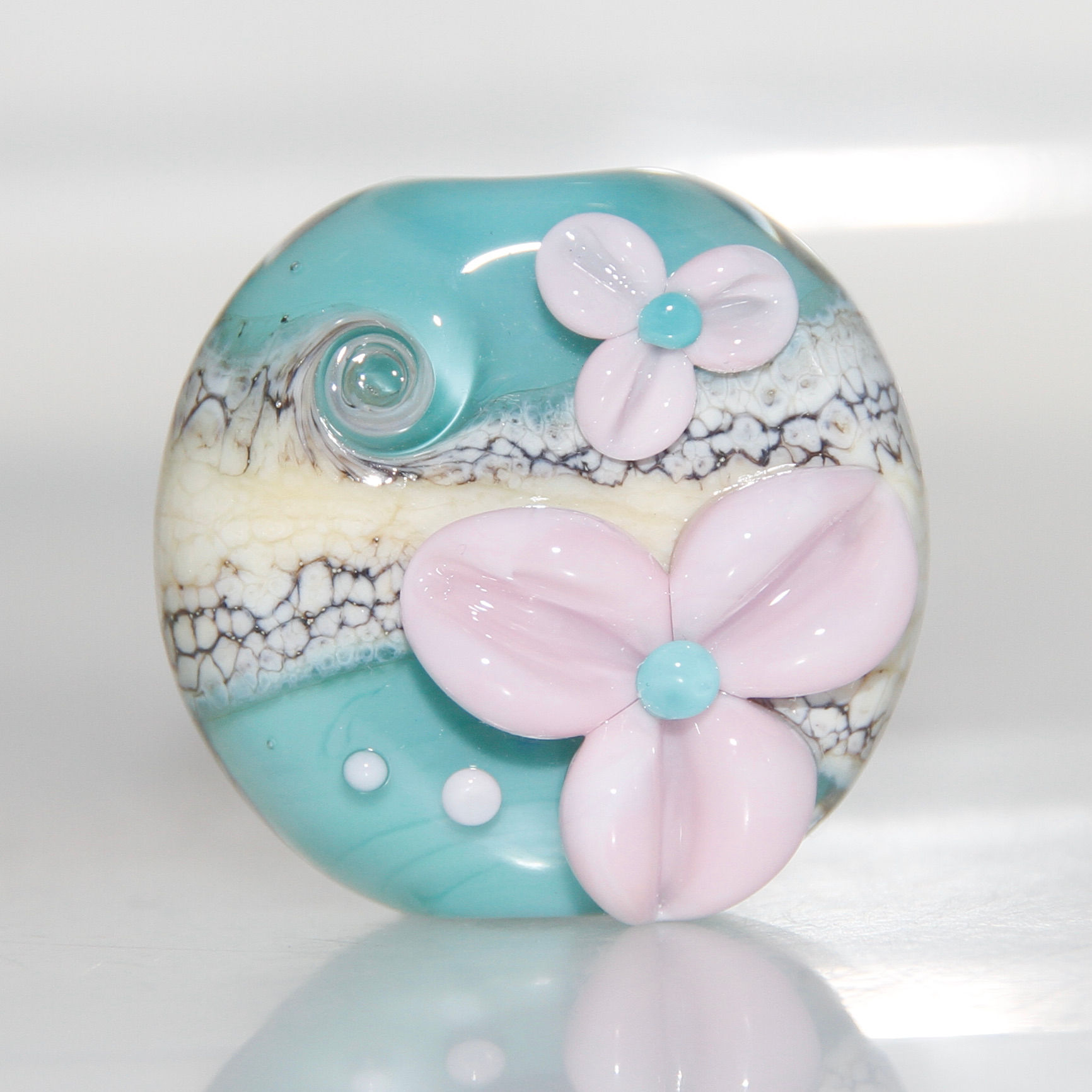 Beachy Turquoise Pink Floral Lampwork Glass Bead