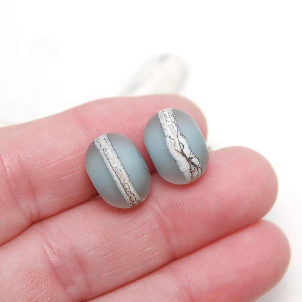 Thumbnail: Etched Organic Striped Duck Egg Blue Lampwork Glass Bead Pair
