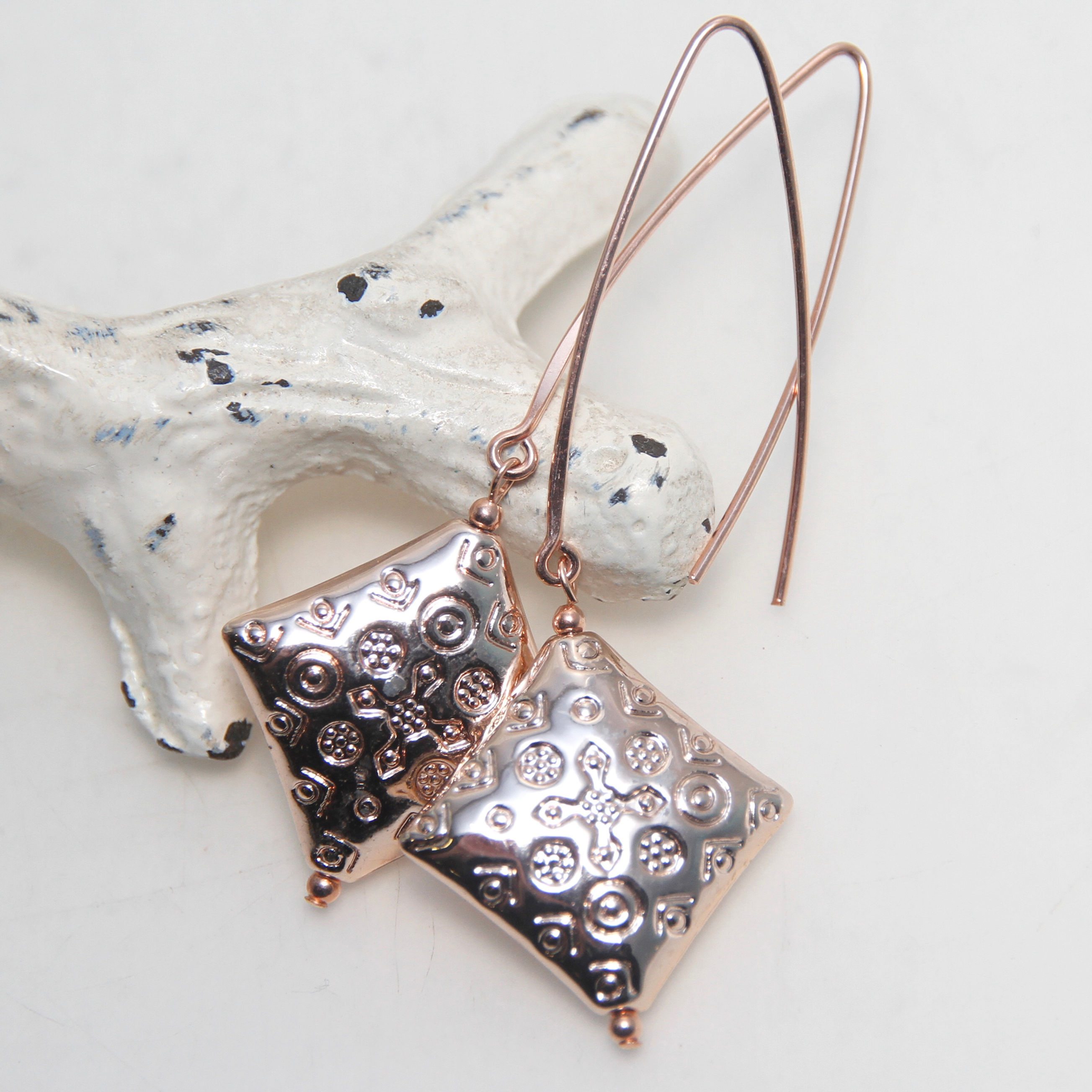 Shiny Copper Patterned Diamonds with Rose Gold Filled Earrings