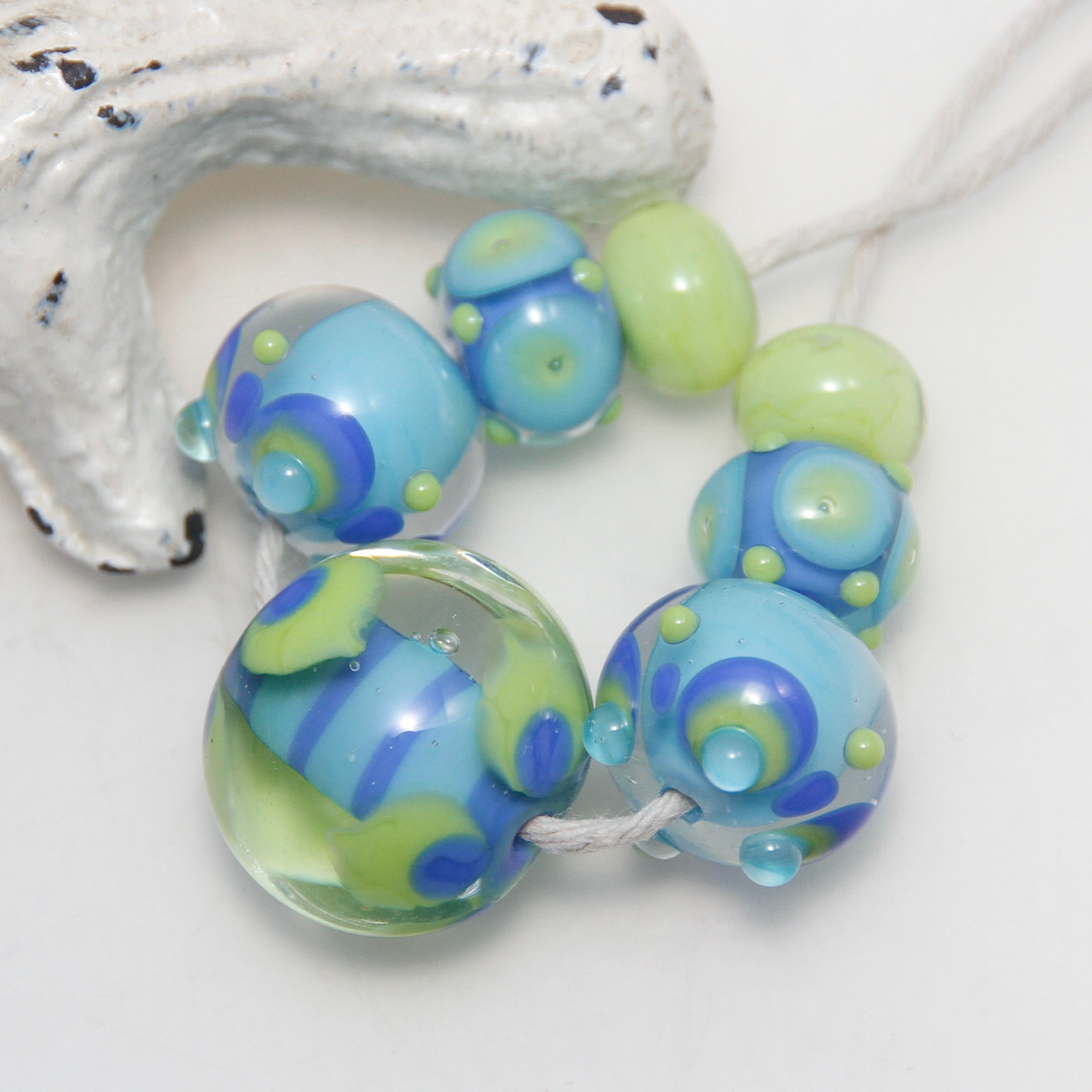 Blue and Green Patterned Lampwork Glass Bead Set