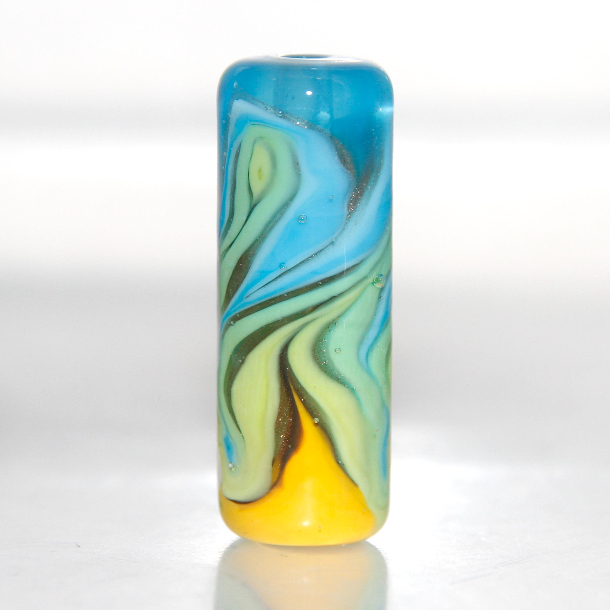 Blue Green and Yellow Swished Barrel Lampwork Glass Bead