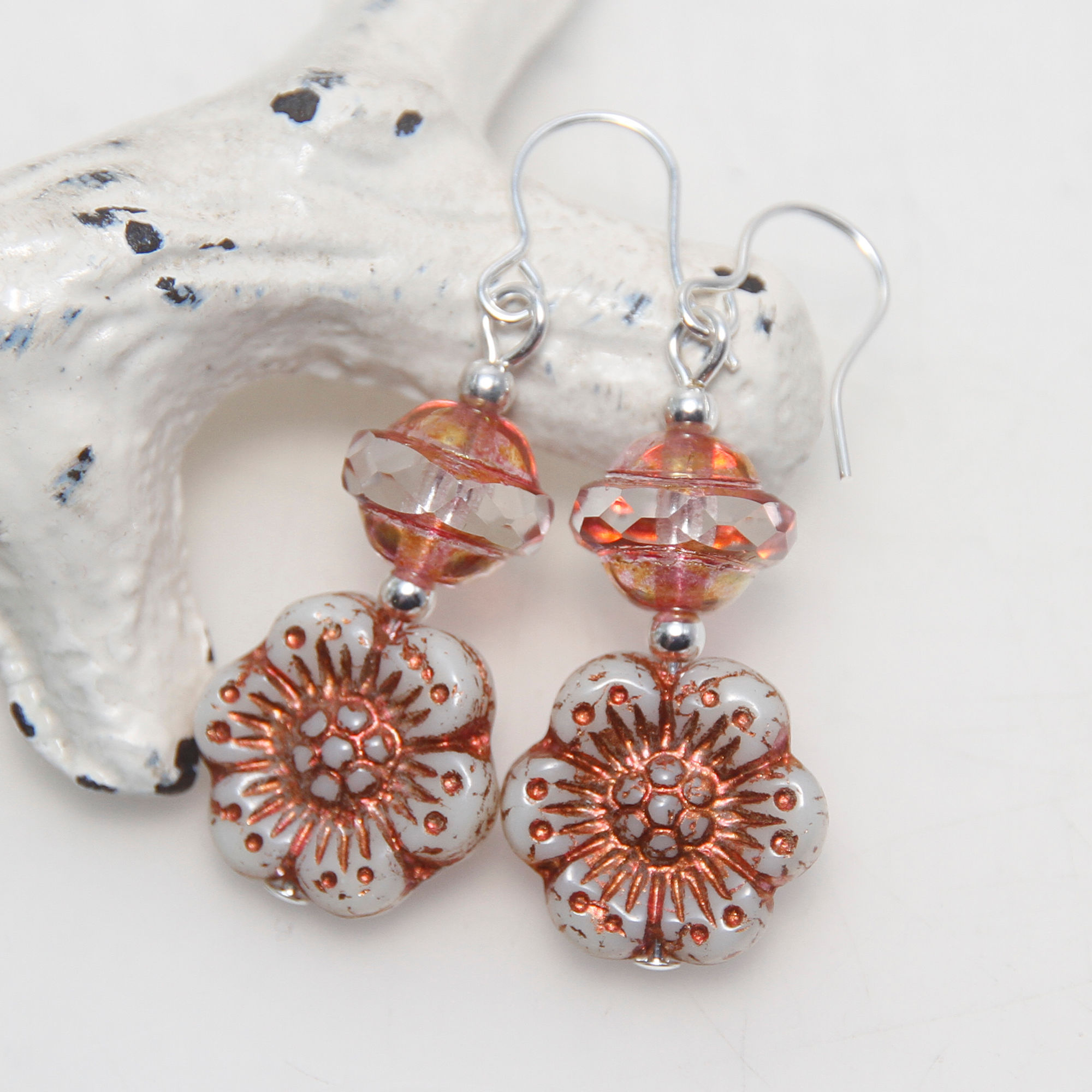 Czech Glass Ivory and Copper Wildflower Earrings