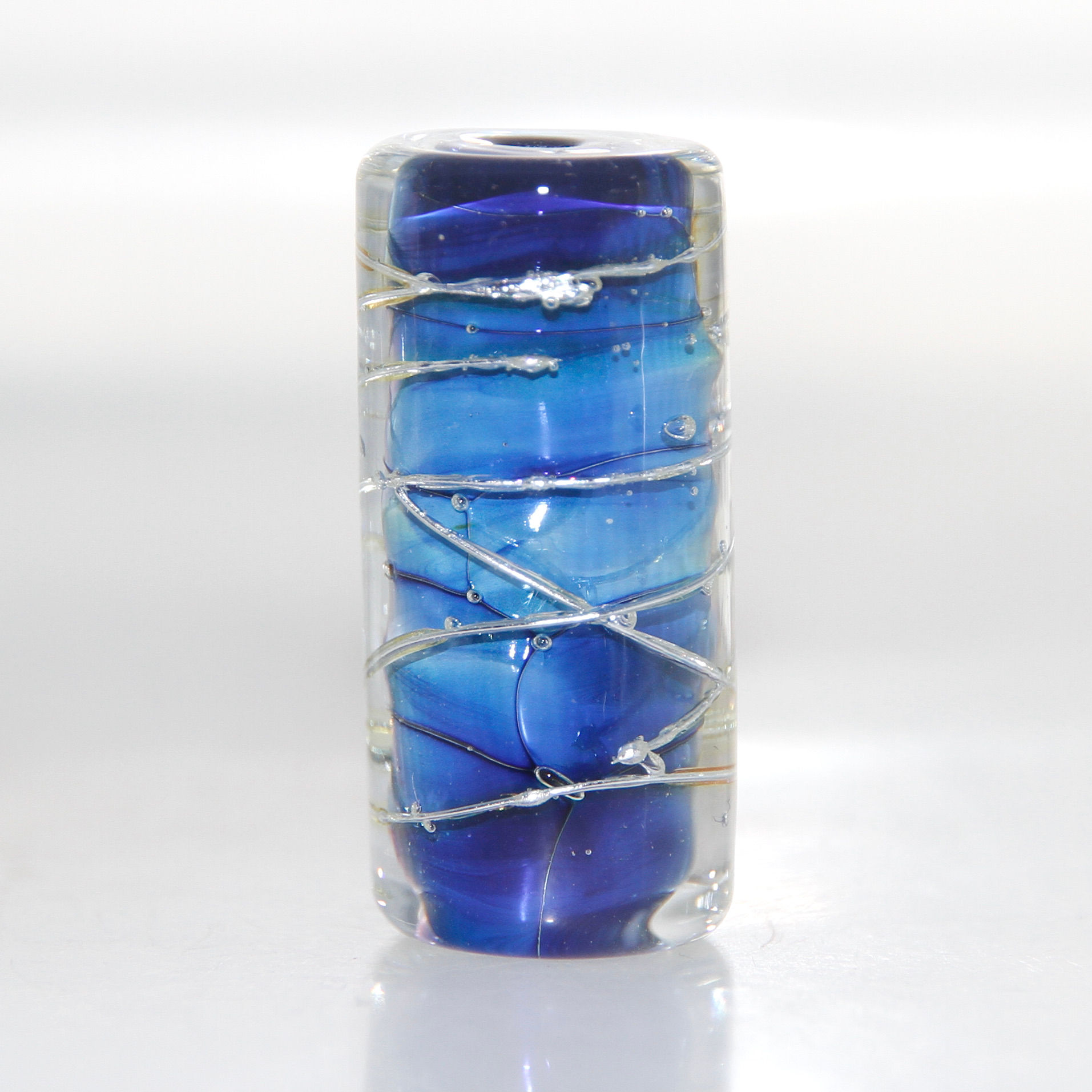 Deep Blue Silver Wired Barrel Lampwork Glass Bead