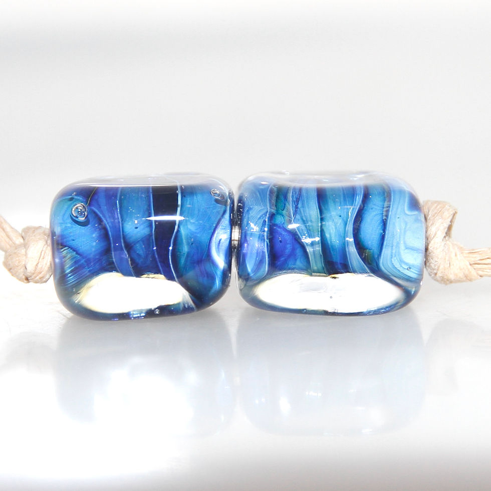 Thumbnail: Deep Ocean Blue Stripe Squares Glass Bead Pair