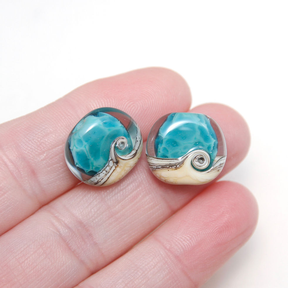Thumbnail: Flat Water Blue Beach Wave Lampwork Glass Bead Pair