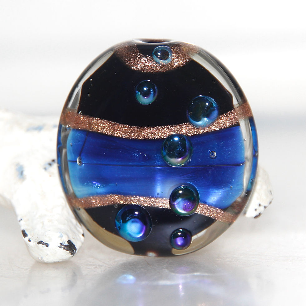 Thumbnail: Black with Ocean Stripe and Metallic Dots Lampwork Glass Bead