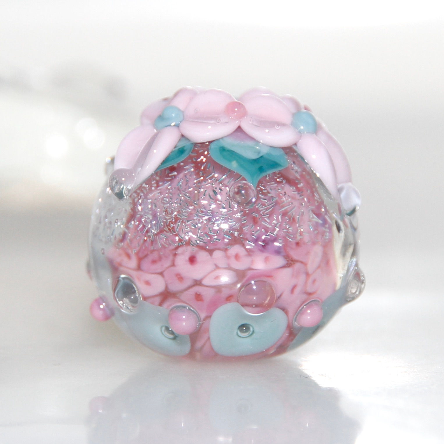 Pink Shimmer Flower Garden Round Lampwork Glass Bead