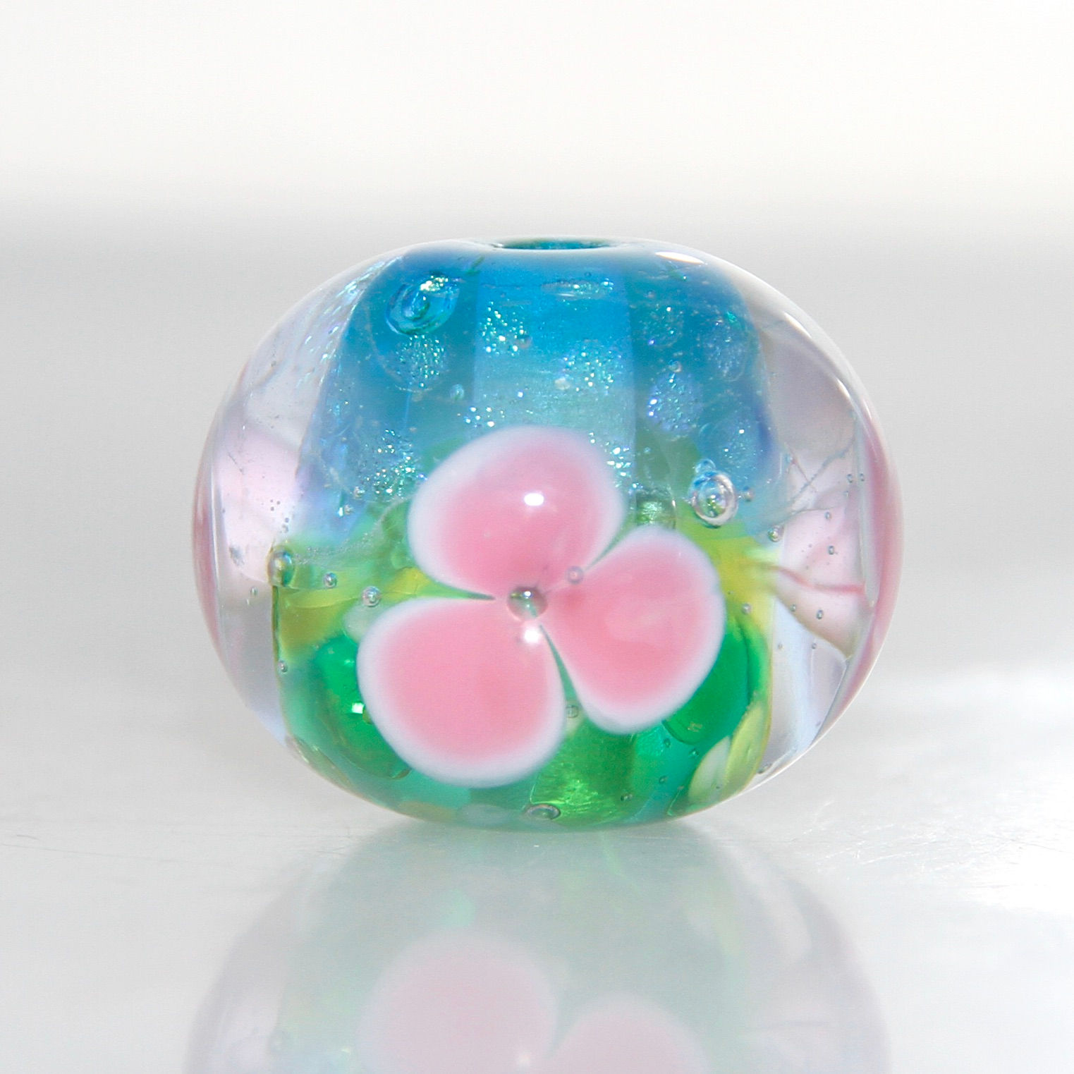 Pink Floral Over Transparent Landscape Lampwork Glass Focal Bead